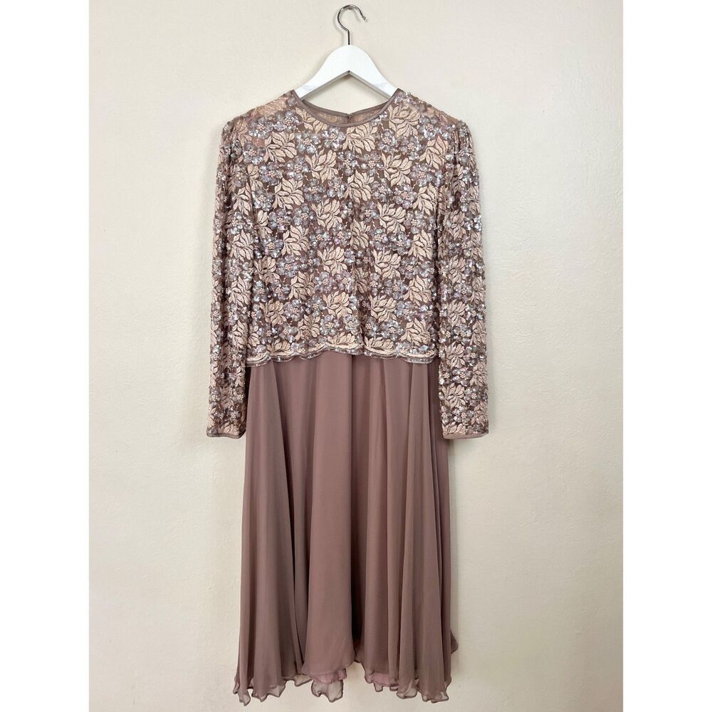 Vintage 80s Cattiva New York Beaded Mauve Faux 2-Piece Dress Sz 16 FITS LIKE 10